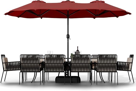 Shintenchi 16FT Large Patio Umbrella with Base Included, Outdoor Double-Sided Rectangular Shade with Crank Handle for Poolside Lawn, Deck & Garden, Red