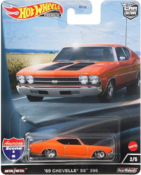 Hot Wheels Premium 1969 Chevy Chevelle SS 396 Orange with Black Stripes American Scene Car Culture Series Diecast Model Car HCJ83