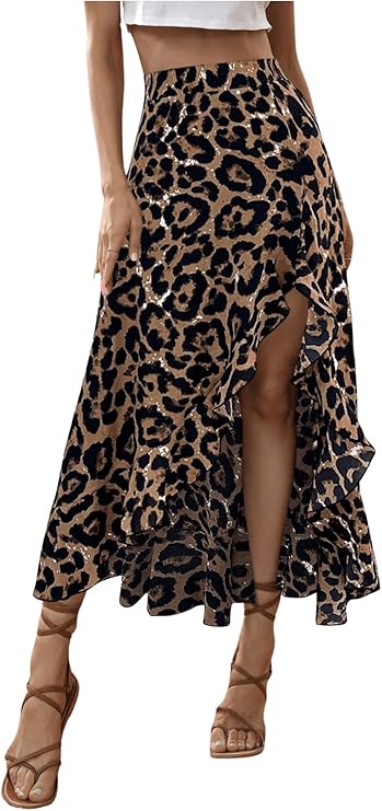 SweatyRocks Women's Ruffle Midi Skirt Leopard Print Slit Split High Waisted Flowy Long Skirts