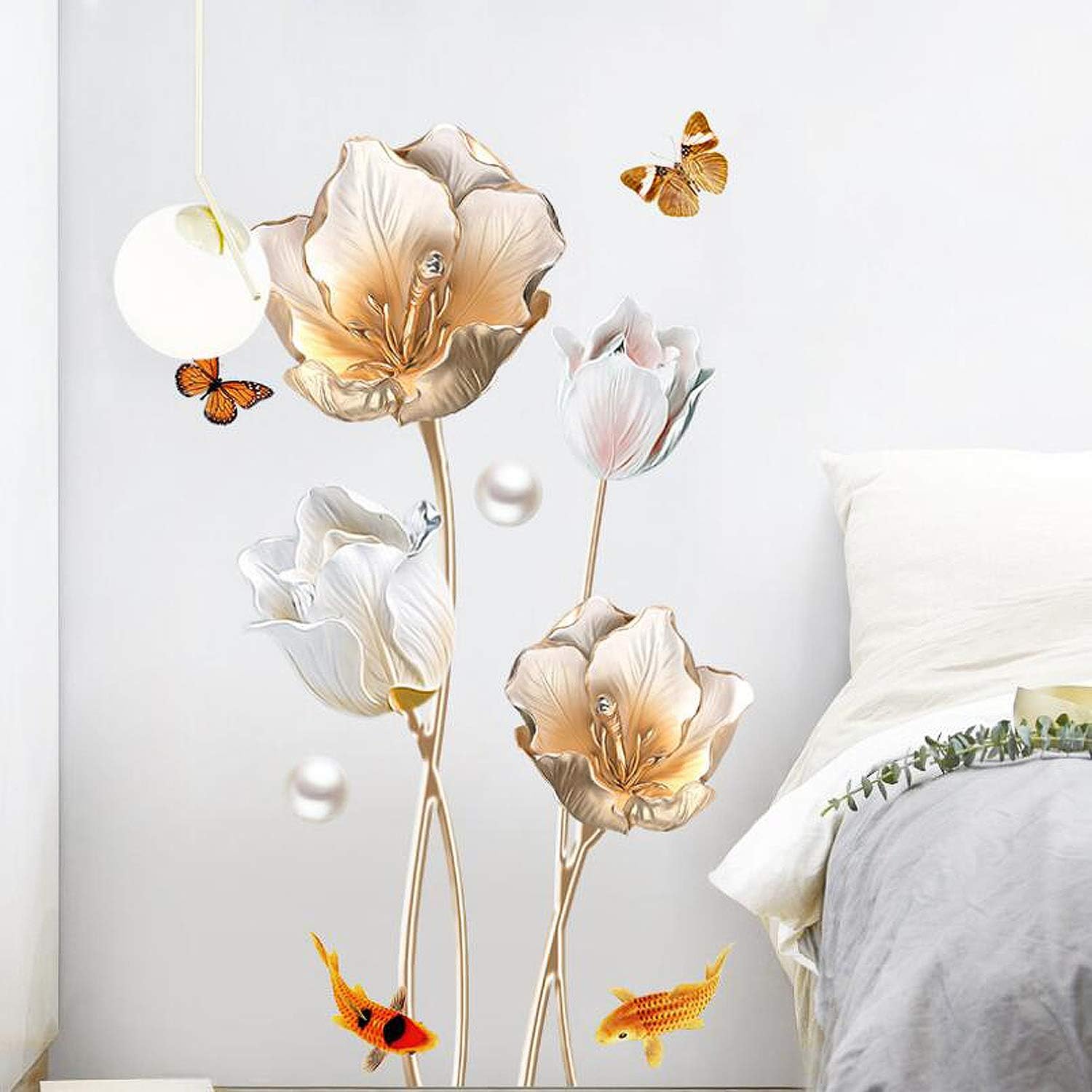 Floral Wall Decals Lotus Flower Wall Sticker Peel and Stick Tulip Floral Wall Stickers for Living Room Removable Wall Art Decor for Home Bedroom Office Gold Tulip-D