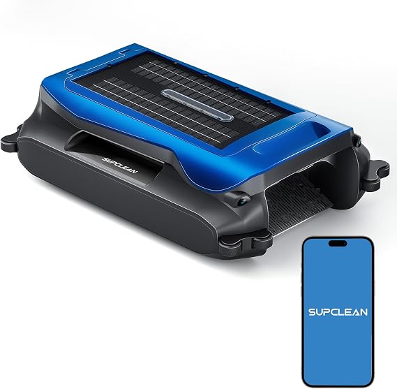 24/7 Solar Powered Pool Skimmer Robot with APP Support, Automatic Electric Floating Surface Cleaner for Above Ground & Inground Pools, Auto Robotic Pool Skimmer Bluetooth Control(Blue)