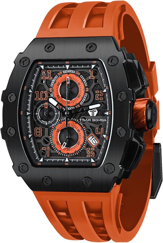 TSAR BOMBA Men's Watch Tonneau Design 50M Waterproof Chronograph Luxury Watches for Men with 316 Stainless Steel Case Square Sport Military Work Wristwatch with 22mm Watch Strap Stylish Men's Gift