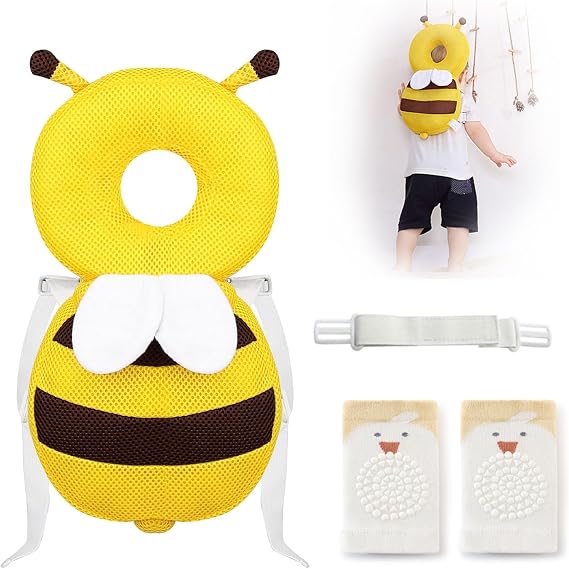 Baby Head Protector Backpack Adjustable Head Protection for Baby with Knee Pads for Babies Crawling for 4 to 24 Months Toddlers Learning to Crawl and Walk (bee), Baby Won't Resist