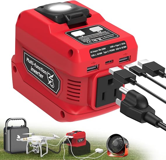 220W Power Inverter Compatible with Milwaukee 18V Battery, DC 18V to AC 110V Battery Inverter, Power Station Generator with 1 AC Outlet, 2 USB Ports & 1 Type-C Fast Charging, 400LM LED Work Light