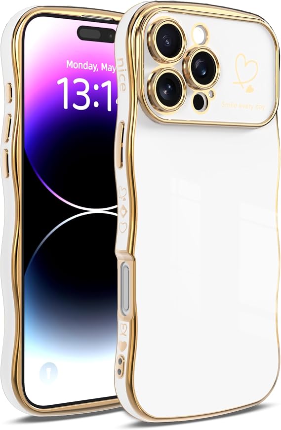IAIYOXI iPhone 17 Pro Max 用 ケース iPhone 17 Pro Max 用 ケース - カーリーシェイプのキュートなウェーブデザイン ハート柄 盛り上がったカメラ保護 高級メッキ加工 耐衝撃 iPhone 17 Pro Max, ホワイト