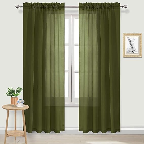 DWCN Linen Effect Sheer Curtains Rod Pocket for Living Room 52x84 inch Olive Green Set of 2