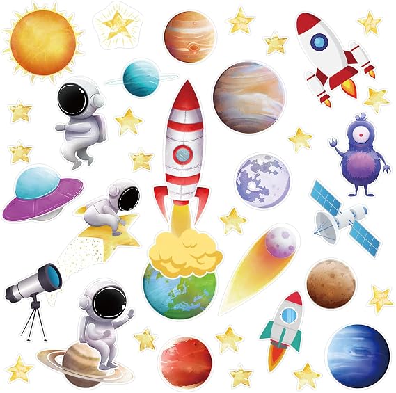 100pcs Outer Space Cutouts Solar System Rocket Planet Star Bulletin Board Cut-Outs Party School Classroom Decorations