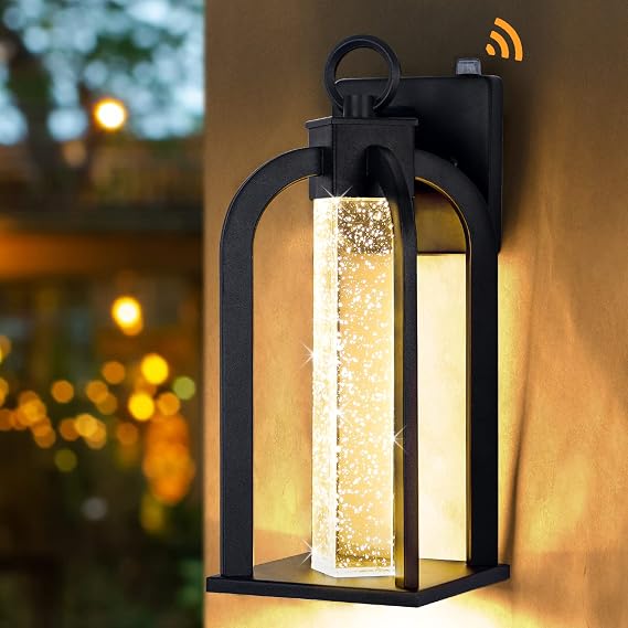 14" LED Dusk to Dawn Outdoor Wall Lights with Crystal Bubble Glass | IP65 Waterproof Exterior Lighting Fixtures for Porch Garage, Integrated 13W LED Modern Outdoor Sconce Lights, 14 Inch, 1-Pack