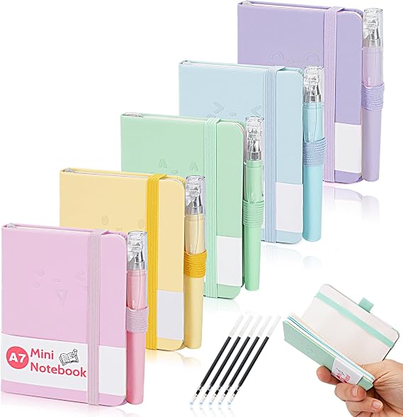 5 Pcs Pocket Notebook, Small Notebooks Pocket Size, A7 Notebook with Pen, Small Notepad with Elastic Band, Mini Leather Notebooks for School,Office,Memos,Travel(5 Patterns)