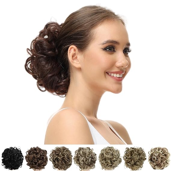 Messy Bun Scrunchie Chignon Hairpiece for Women Ash Brown to Bleach Blonde | Thick Messy Curly Dish Bun Hair Extension with Comb Secure All Day, Synthetic Fake Updo hairpiece for Daily, Travel, Wedding