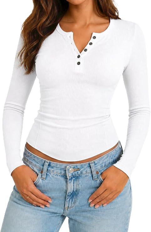 PrettyGuide Women Long Sleeve Henley Shirts Slim Fit Button Ribbed Fall Top