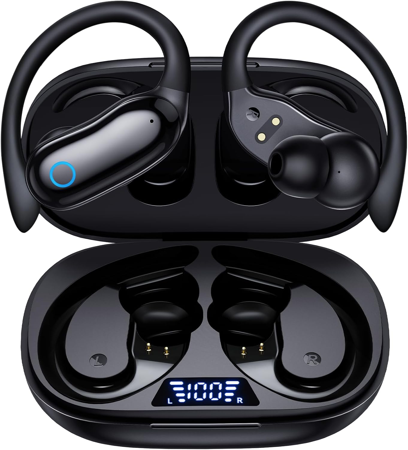 GNMN ANC Noise Canceling Ear Buds Wireless Earbuds 96hrs Playback Bluetooth Headphones IPX7 Waterproof Stereo Bass Over-Ear Earphones with Earhooks Microphone LED Battery Display for Android Phone