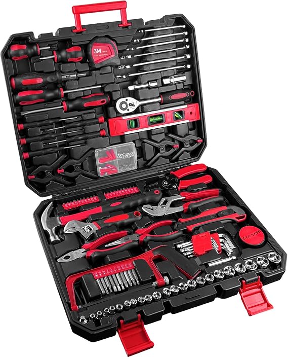 158pcs Home Tool Kit Portable Complete Tool Box Household Essentials Repair Hand Tool Set Includes Hammer, Pliers, Screwdriver Set for DIY, Repairs & Crafts