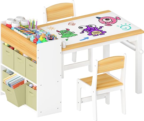 GITAWUSA Kids Art Table and Chairs, Wooden Kids Craft Table and Chairs with Storage Bins and Paper Roll, Toddler Activity Play Desk for Drawing/Learning/Read, Toddler Table and Chair Set for Boy/Girl