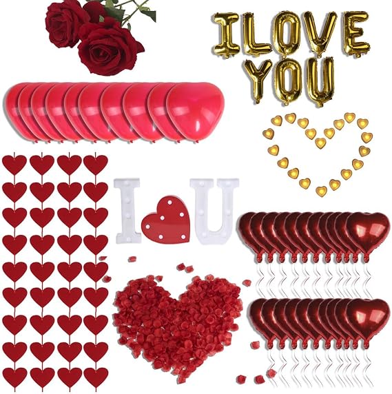 Romantic Decorations Valentines Day, Anniversary, Bedroom Special Night Decor - 3000 Rose Petals, LED & Balloon "I Love You" 36 Heart Candles, 2 Artificial Roses, 144 Red Heart Strings, Heart Balloons
