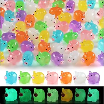48 PCS Luminous Mini Resin Pigs, Miniature Piggy Figurines, Tiny Pigs Glow in The Dark for Dollhouse, Aquarium, Cake Decorations, Fairy Garden Landscape, Birthday Party Decor 7 Colors