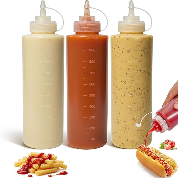 OAMCEG Sauce Squeeze Bottles,3 Pack 32oz/1000ml Plastic Condiment Bottles