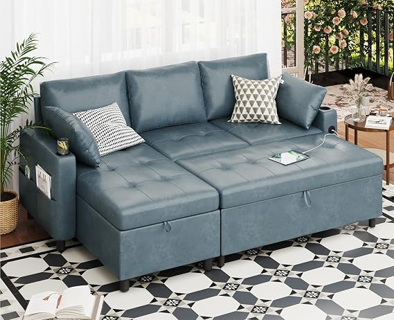 Leather Sleeper Sofa Couch with Pullout Bed Couch with Storage, Blue