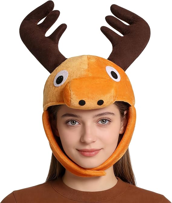 Clobeau Adult Stuffed Plush Moose Hat Funny Plush Reindeer Hat Animal Themed Headwear for Halloween Christmas Costume Events