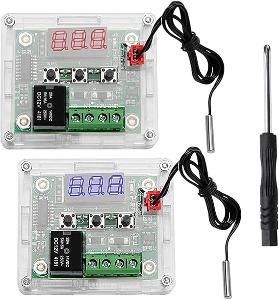 VooGenzek 2 Pieces W1209 Digital Temperature Controller with Case, 12V DC Micro Digital Thermostat -50-110°C Electronic Temperature Temp Control Module Switch with Waterproof NTC Probe (Red & Blue)
