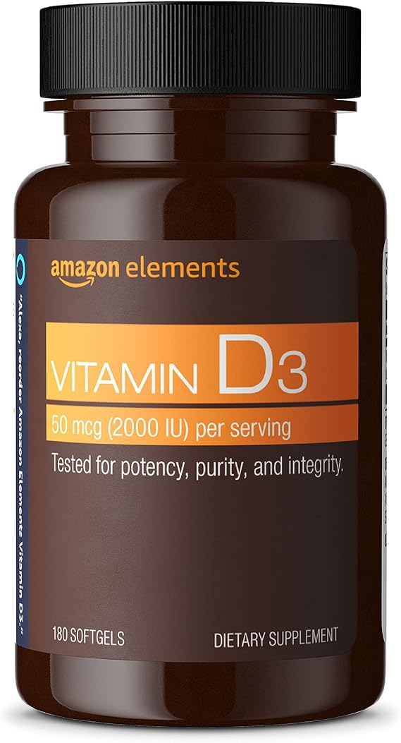 Amazon Elements - Vitamin D3, 2000 IU, 180 Softgels, 6 month supply (Packaging may vary), Supports Strong Bones and Immune Health