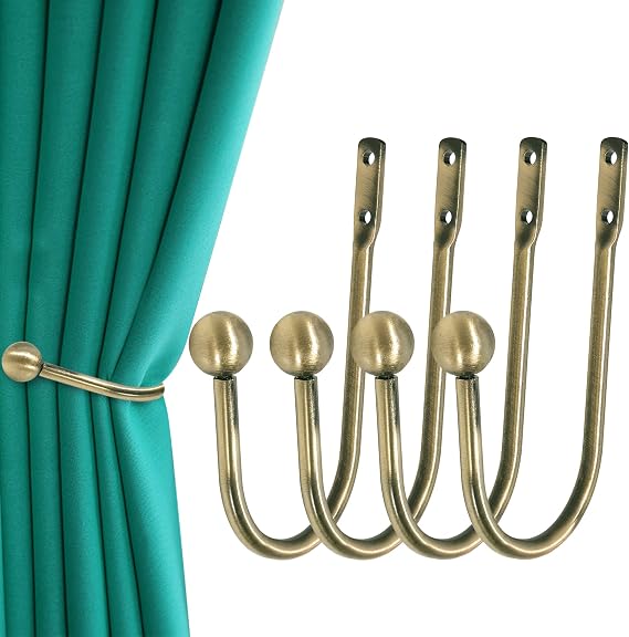 Curtain Holdback, 4 Pcs Wall Mounted Drapery Tiebacks with Screws, Brass