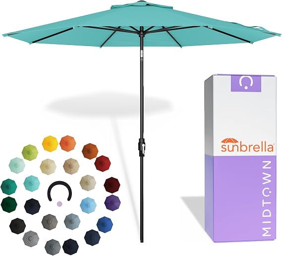 Midtown Umbrellas The Swilt 8 Ft Patio Umbrella with 360 Swivel & Tilt Mechanism, Sunbrella Fabric & 8 Fiberglass Ribs Outdoor Umbrella for Deck, Pool & Cafes Aruba Canopy, Black Pole