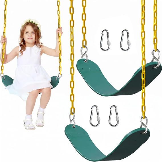 PACEARTH 2 Pack Swings Seats Holds 660lbs with 68.9 inch Anti-Rust Chains Plastic Coated 23.6 inch Tree Hanging Straps and Locking Buckles Playground Swing Set Accessories Replacement - Green