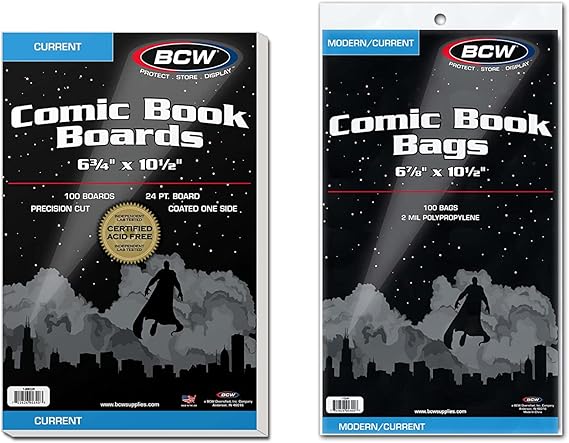 BCW Current Comic Boards and Bags Combo | 100 Polypropylene Comic Bags & Backer Boards | Acid-Free Archival Quality | Crystal Clear | Preserves Collectible Comics | Fits Standard Comic Storage Boxes | Acid-free clear sleeves, 24-pt SBS support, 3% calcium carbonate buffer, fits modern issues, protects during storage