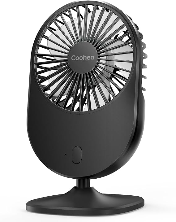 Coohea Desk Fan, Small & Quiet, USB Powered Table Fan, Rechargeable Battery Operated Fan, 3 Wind Speeds Powerful Mini Fan, Personal Portable Fan for Office Bedroom Desktop Sleep Travel, Black