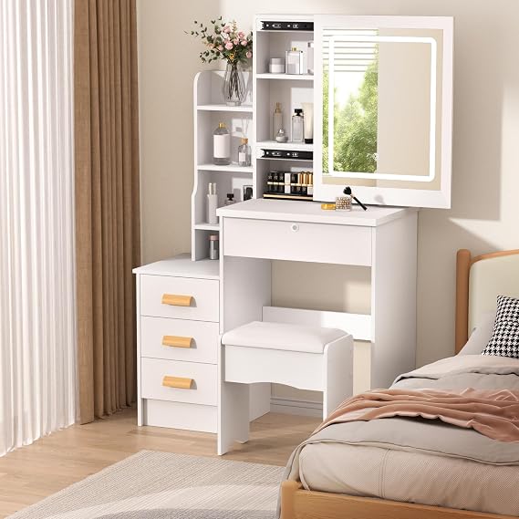 Dressing Table with LED Lights, Vanity Table with Adjustable Brightness Mirror Sliding , Dressing Table With Mirror and Stool, Vanity Makeup Table with 4 Drawer 7 Shelves Dresser Make Up Desk (White)