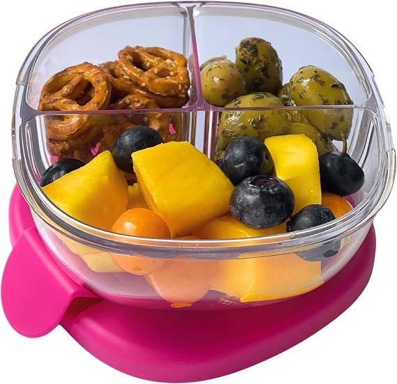 Yumbox Snack Bowl (Raspberry Pink) | Leakproof, Compact, Portable, Microwave Safe, Dishwasher Safe, 3 compartments, Bento Style, Easy Open Latches