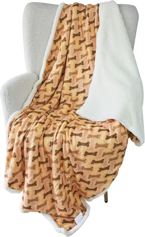 Longrich Flannel Dog Bone Print & Ultra Soft Sherpa Throw Blanket, 60" L X 50" W, Taupe