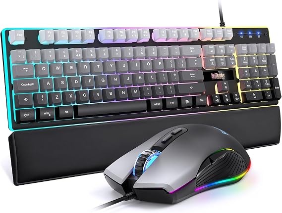 RedThunder K10 Wired Gaming Keyboard and Mouse Combo, UK Layout, True RGB Backlight, Soft Leather Wrist Rest, Ergonomic Anti-Ghosting Keyboard + 7D 7200 DPI Mouse for PC Mac (Gradient Gray)