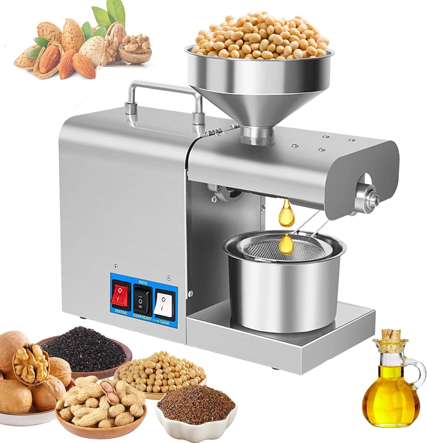 820W Automatic Oil Press Extractor, Stainless Steel Household Oil Maker, Industrial Motor 24h Continuous Work, Quick Release Snap Ring, Commercial Oil Pressing Machine for Peanuts Sesame