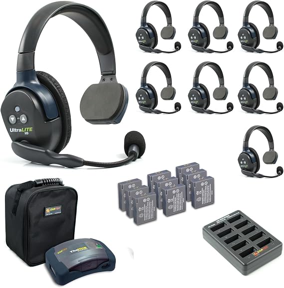 Eartec HUB8S Ultralite-HD 8 Person Full Duplex Wireless Intercom Headset Communication System, Single Ear Headsets, Up to 1000ft Range, U.S. Company