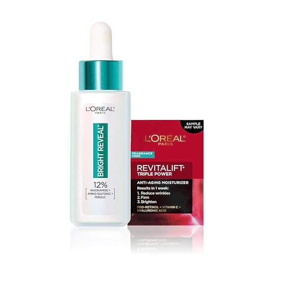 LOreal Paris Bright Reveal 12% [Niacinamide + Amino Sulfonic + Ferulic] Dark Spot Serum 1oz + Moisturizer Sample