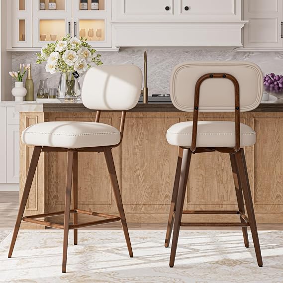 MALOL 26 PU Leather Swivel Bar Stools Set of 2, Mid Century Counter Height Bar Chairs with Low Back and Metal Legs, Modern Bar Stool Chair for Kitchen Island, Beige