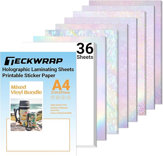 TECKWRAP Holographic Laminate Sheets &amp; Inkjet Sticker Paper A4 36pcs/Pack
