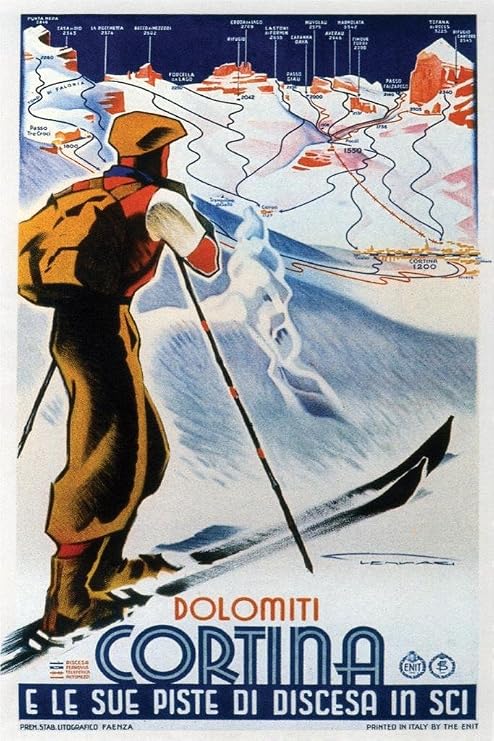 Dolomiti Cotina Italy Ski Skiing Vintage Illustration Travel Art Deco French Art Nouveau 1920 French Advertising Ad Cool Wall Art Print Poster 16x24