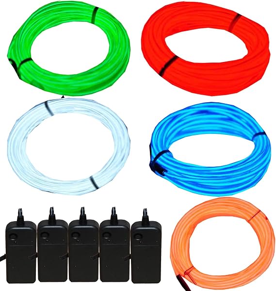 5 Pack 9ft Neon Light El Wire w/Battery Pack