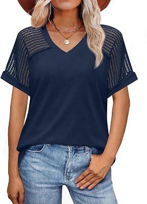 JUSTFASHIONNOW Womens Summer Casual Tops Raglan Short Sleeve V Neck Shirts Trendy 2025 Cute Ladies Blouses Business Outfits