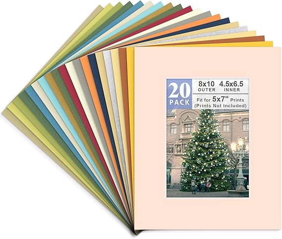 Golden State Art Picture Mat 8x10 for 5x7 Photos (Pack of 20), Assorted Colors | Acid-Free Pre-Cut Photo Mats 4.5x6.5 Opening for 5x7 Pictures Prints with White Core Bevel Cut Frame Mattes