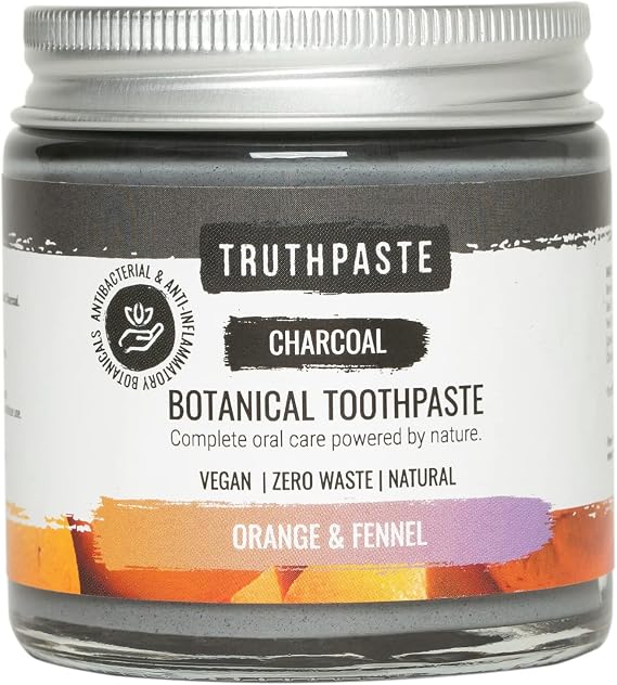 TRUTHPASTE Charcoal whitening Natural Zero Waste Toothpaste (Orange & Fennel 100ml) Eco Friendly & Plastic Free, Mint Free with Coconut & Aloe Vera. Fluoride Free, SLS Free. for Sensitive Teeth