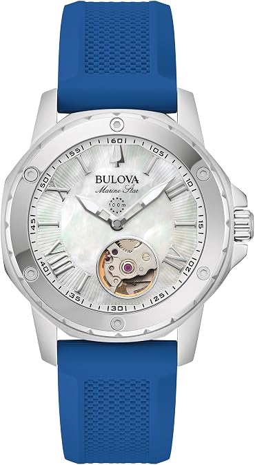 Bulova Ladies' Marine Star Automatic Stainless Steel Case and Blue Silicone Strap, Mother of Pear Dial Style:96l324