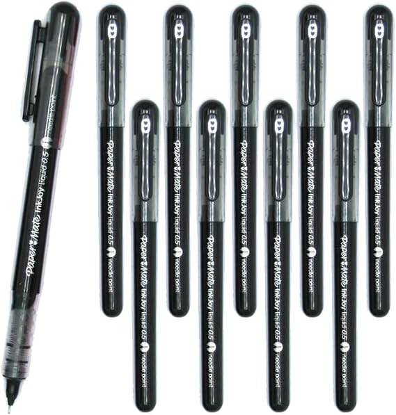 10 x Papermate Inkjoy Liquid Ink Rollerball Pen, Quick-Drying Ink & Ergonomic Body, 0.5mm Needle Point Fine Nib, Black - Loose in Plain Packaging