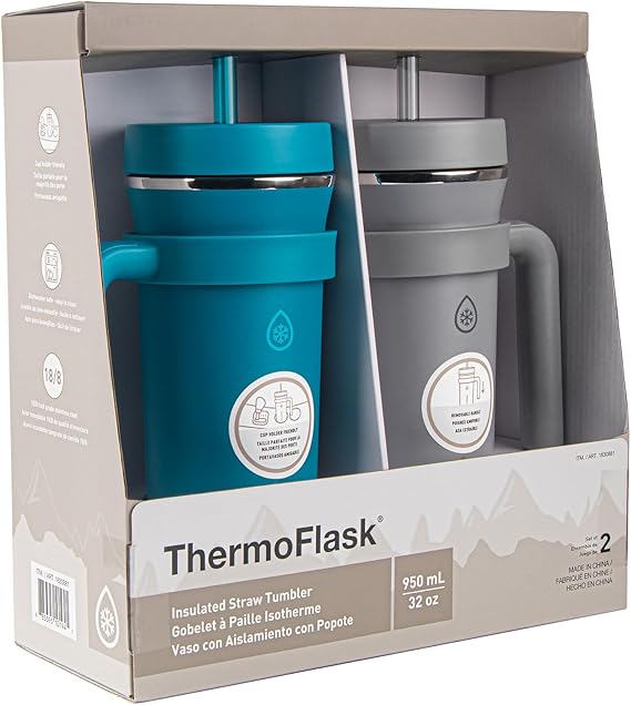 Thermoflask Premium Quality Double Wall Insulated Stainless Steel Tumbler with Handle and Straw Lid, 32 Ounce, 2-Pack, Crystal Teal/Circular Grey