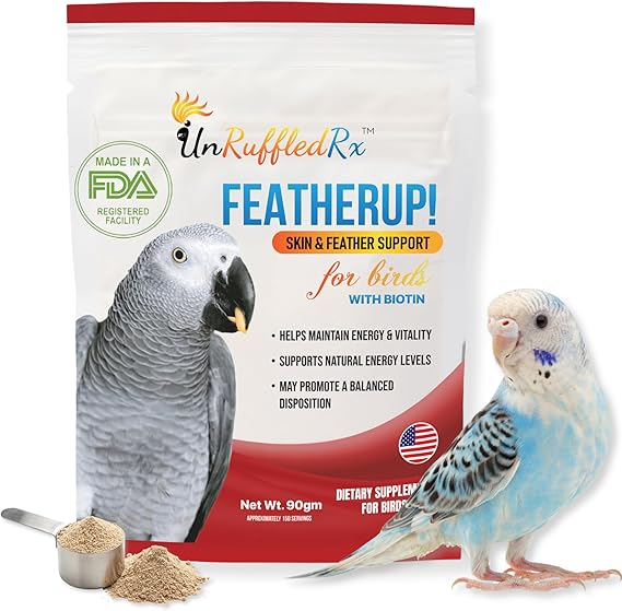 FeatherUp! Bird Molting Support & Feather Growth Supplement - for Plucking, Regrowth & Molt - Multivitamin & Amino Acids for All Birds - 90g (240 Servings)