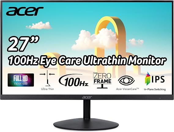 acer SB272 27 Inch FHD (1920x1080P) IPS ZeroFrame Home & Office Monitor | AMD FreeSync Technology | Ultra-Thin Design | 100Hz Response | Tilt