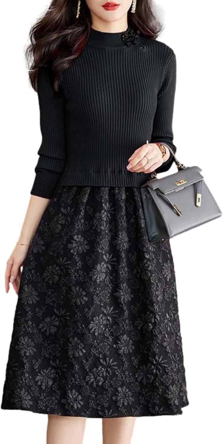 blue beryl ブルーベリル Docking Dress Womens Mixed Material Rib Knit Floral Flare Long Sleeve China Button BB023
